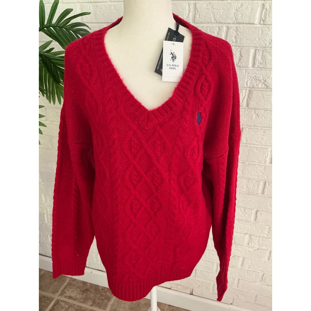 U.S. Polo Assn. Sweater Womens L Red New V-Neck Cable Knit Logo Pullover